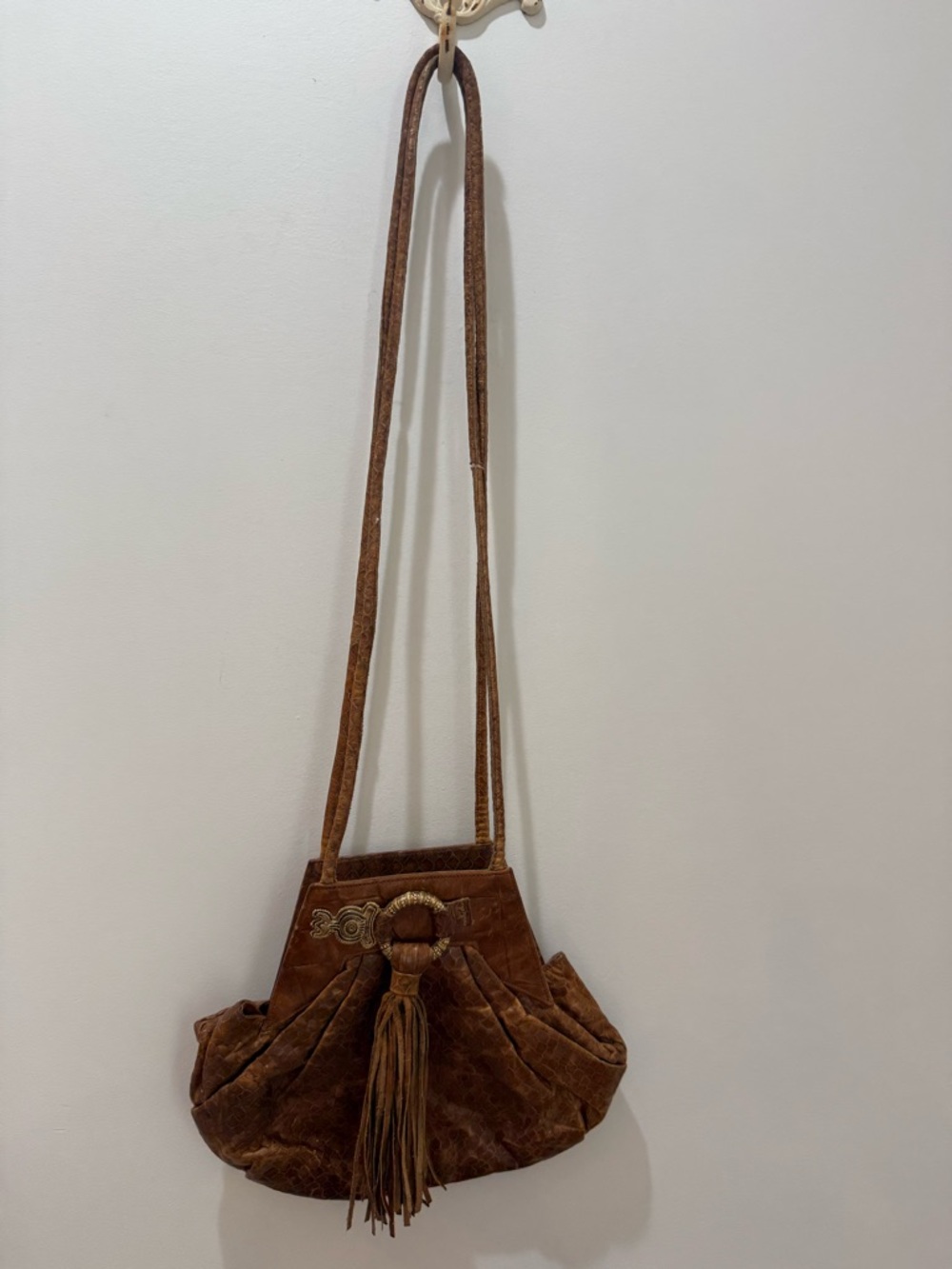 Brown Italian Leather Tassel Shoulder Bag with Decorative Ring